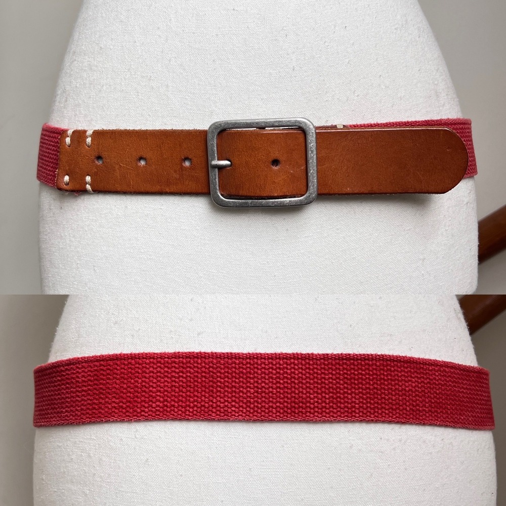 Vintage Red Canvas Brown Leather Belt Silver Buckle Preppy‎ Statement